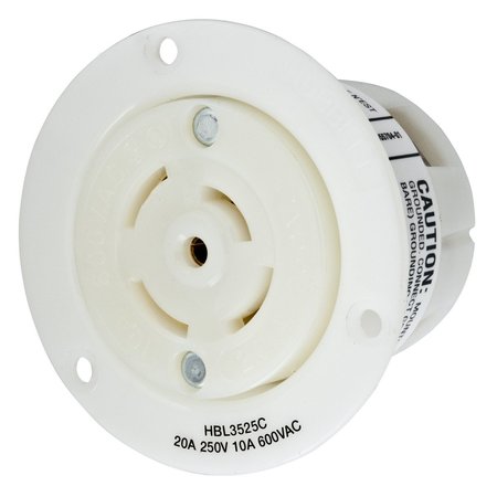 HUBBELL WIRING DEVICE-KELLEMS Locking Devices, Twist-Lock®, Industrial, Flanged Receptacle, 20A 250V DC/600V AC, 4-Pole 5-Wire Grounding, Non- NEMA, Screw Terminal, White HBL3525C